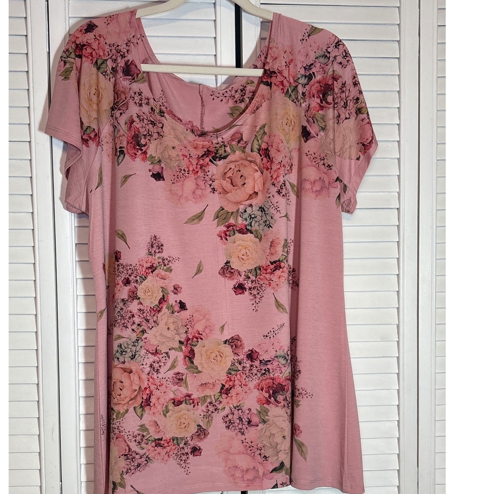 Pink Floral Scoop Neck Short Sleeve Knit Top Dusty Rose Romantic Print XL